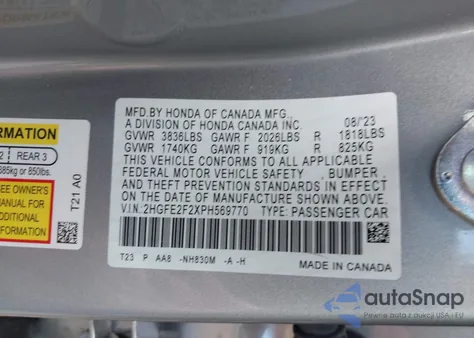 2023 Honda Civic Lx z USA, uszkodzony, nr VIN 2HGFE2F2XPH569770
